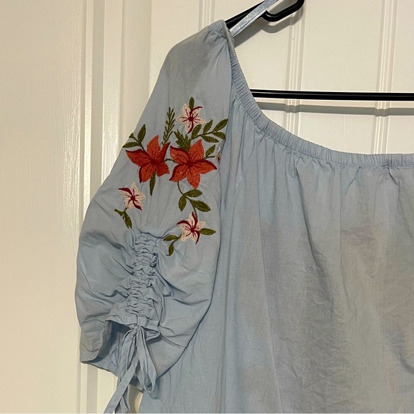 Hinge Off the Shoulder Blue Floral Embroidered Top - Picture 5 of 5
